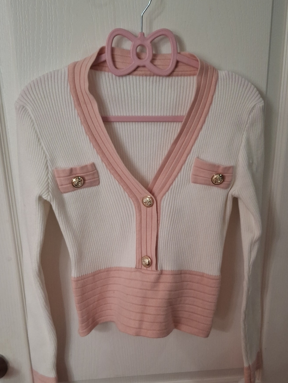 Ribbed V-Neck Button Sweater Cardigan - Pink & White  Size S